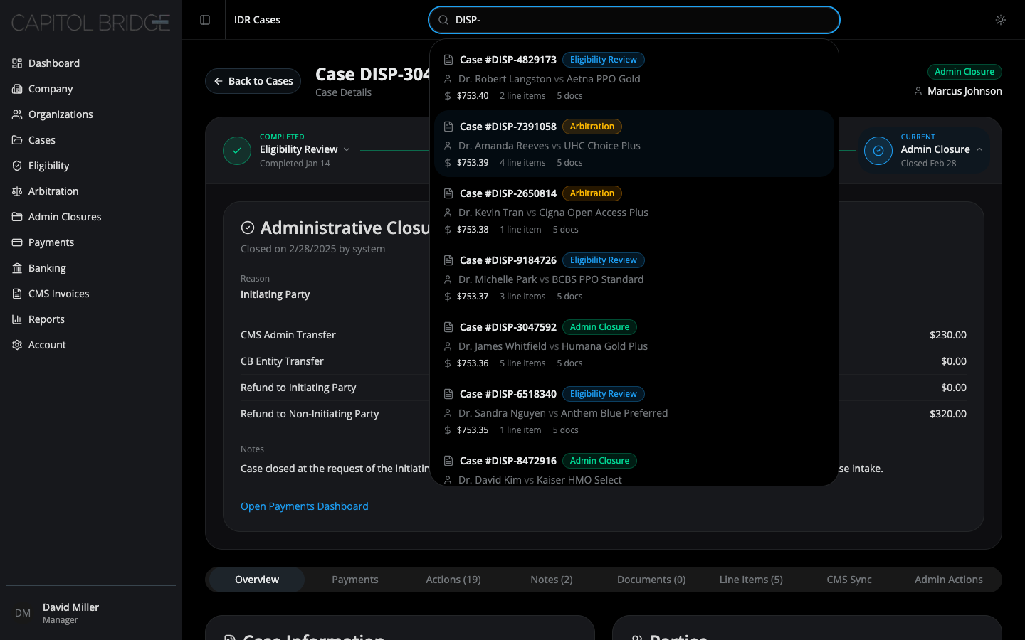 Top bar search dropdown showing case # plus StageBadge, parties, amount, and counts